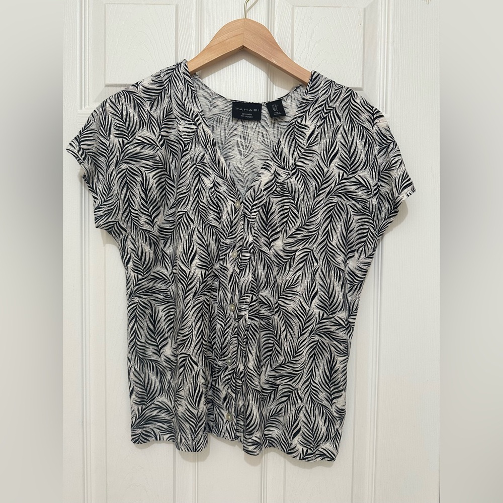 Tahari Black and White Leaf Pattern Blouse or Tops